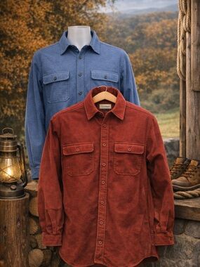 LL Bean Mens Chamois LS Thick Flannel Shirts Lot of 2 Red Blue Size M Regular